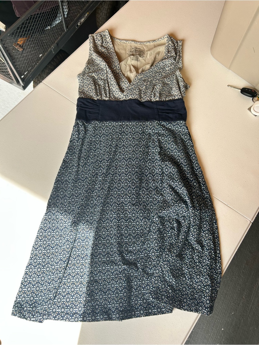 Patagonia Navy and Cream Patterned Midi Dress with Waistband